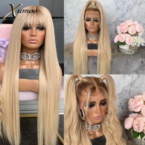 XUMOO Heat Resistant Synthetic Lace Front Wig Glueless Long Ombre Blonde With Brown Roots Daily Cosplay Wigs For Black Women