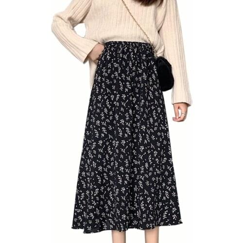 Spring Skirts Womens 2021 New Vintage Floral Print Skirt Elastic High Waist Casual Mid-Calf Skirt Women
