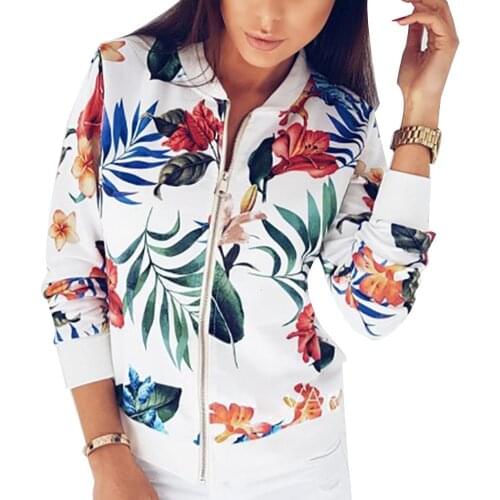 Plus Size Fashion Spring Autumn Flower Leaves Print Sports Women Long Sleeve Baseball Jacket Zip Coat