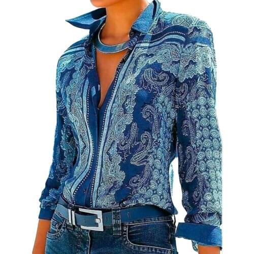 Retro Print Lapel Blouse Women Fashion Long Sleeve Suit Shirt Street Daily Wear Elegant Shirts Female Tops V Neck Buttons Shirts