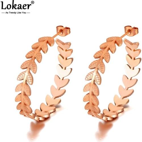 Lokaer Fashion Titanium Stainless Steel Tree Leaf Earrings Bohemia Geometry Circle Earrings Jewelry For Women Girls E20313