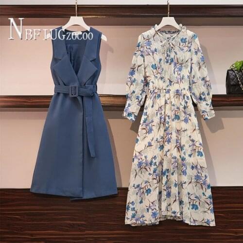 2020 Autumn New Fashion Plus Size Women Sets Waist Strap Outwear And Flower Dress Female Sets