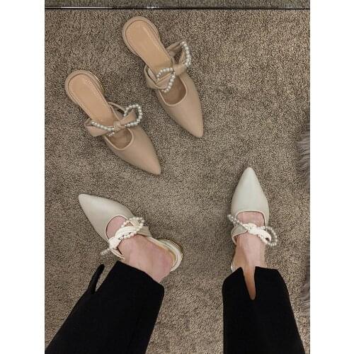 Womens Shoes Muller Shoes New Style Pearl Thick Heel Pointed Low Heels Slippers Outdoor In Summer 2021 Women Shoes