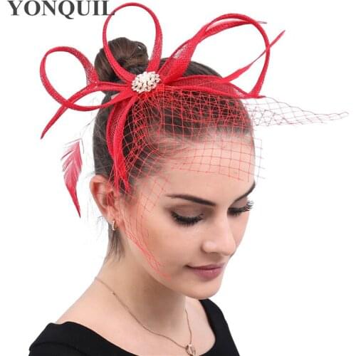 Elegant Women Bride Mesh Red Wedding Headwear Chuch Fascinator Hats Hair Clip Yarn Hat Bridal Sinamay Marry Headdress Flowers