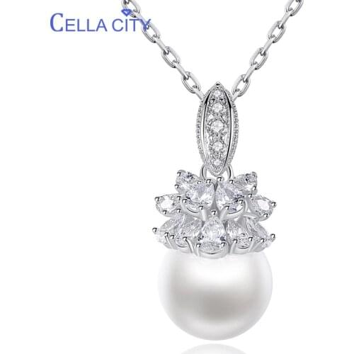 Cellacity Pearl Necklace for Women Lotus flower Pendant Silver 925 Jewelry Gemstones Female Neck Ornament Anniversary Wholesale