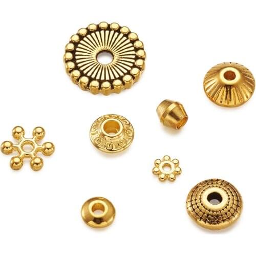 320pcs/Set Mixed Shapes Alloy/Brass Golden Loose Spacer Beads Flat Round Bicone Rondelle Flower Tibetan Beads for Jewelry Making