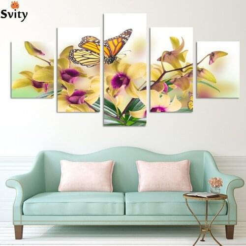 Fashion 5 Panel Hot Sell Modern Wall Painting yellow flowers abstract Home Wall Art Picture Paint on Canvas Prints art orchid