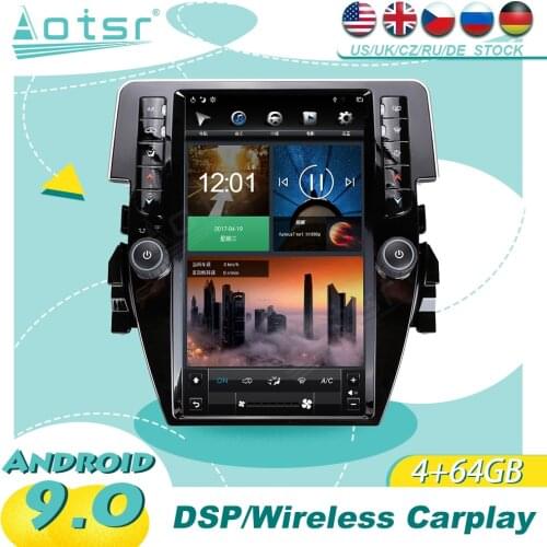 For Honda Civic 2016 - 2019 Android 9.0 Tesla Style 64GB ROM PX6 Carplay Car GPS Navigation Multimedia Radio Player WIFI BT