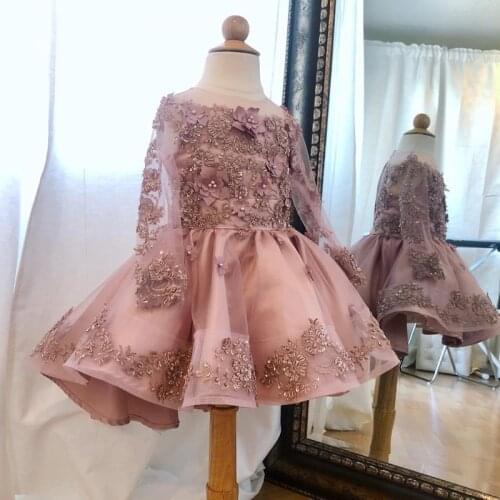 Custom Made Ball Gown Flower Girls Dresses for Wedding O Neck Long Sleeve 3D Flower Ruffles Child Communion Dress