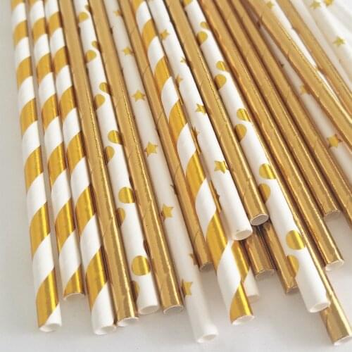 Cheap Shine Metallic Golden Mix Color Paper Straws Gold Paper Straws Birthday Wedding Decoration Baby Shower Supply 25pcs