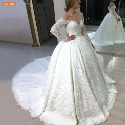 Dubai Long Sleeve Wedding Dresses Lace Up Appliqued Beaded Ball Gown 2020 Vestidos De Noiva Custom Made Saudi Arabia Bride Dress
