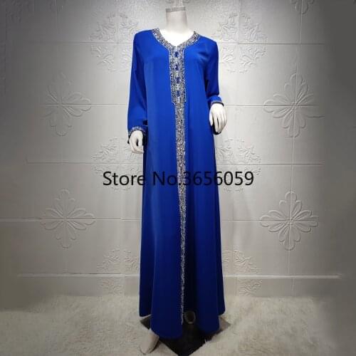 Eid 2021 Dubai Jalabiya Abaya Hijab Dress for Women Rhinestones Muslim Arabic Gown Moroccan Caftan Party Wedding Blue Plus Size