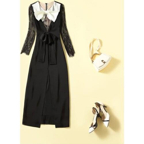 Bow Tie Elegant Long Dress 2021 Autumn Party Evening Women V-Neck Lace Patchwork Long Sleeve Split Sexy Black Bodycon Dress