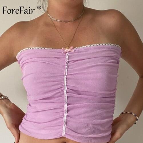 Forefair Gothic Strapless Mesh y2k Cropped Top See Through Off Shoulder Outfit Club Aesthetics Ruched Women Tank Tops Pink