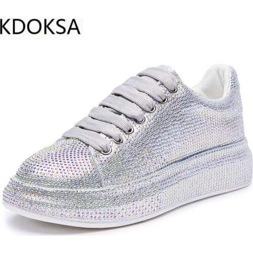 KDOKSA Womens Sneakers Flat Latest Thinestone Shiny Ladies Shoes Laces Casual Womens Vulcanized Shoes