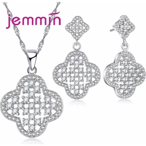 New Fashion Hollow Design Gorgeous Flower Necklace Earrings for Women Bijoux 925 Sterling Silver Jewelry Set