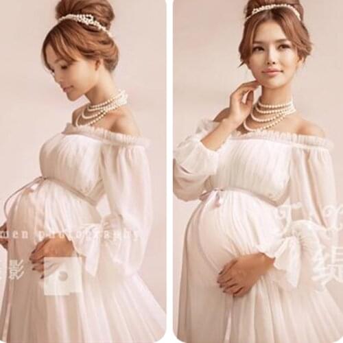 New Elegant Maternity Pregnant Women Photography Props Romantic Shoulderless Long White Dress Photo Shoot Fancy Baby Shower Gift