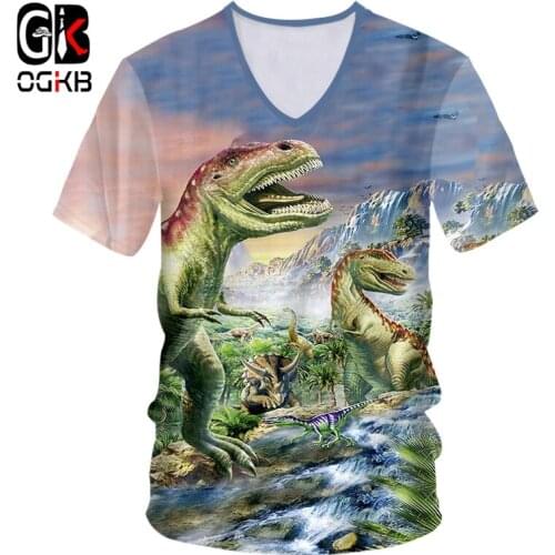 OGKB V-neck Tshirt Women/men Cool Print Dinosaur King 3D T-shirt Animation T Shirts Unisex Slim Fit Short Sleeve Casual Tees 7XL