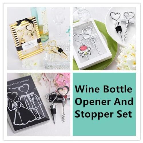 Wholesale 50SET(100PCS)/LOT Gift Set Wine Bottle 50PCS Opener And 50PCS Stoper Wedding Souvenirs Best Gift For Guest