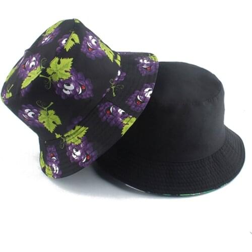 2021 Summer Panama Hat Reversible Bucket Hat Fruit Grape Printed Fisherman Hat Men Women Fashion Bob Femme Bucket Cap