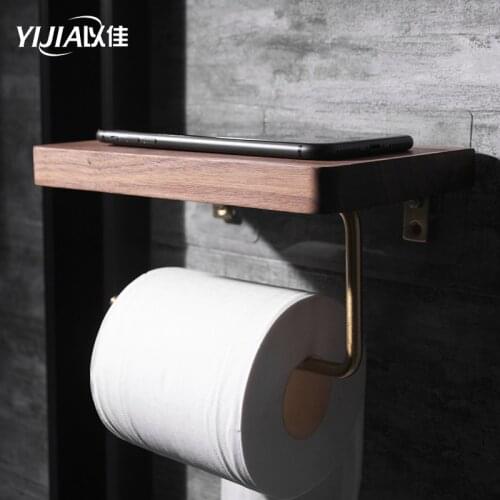 Bathroom Shelves Brass Walnut Toilet Paper Holder Bathroom Hotel Roll Paper Tissue Hanging Rack Wooden Shelf Holder