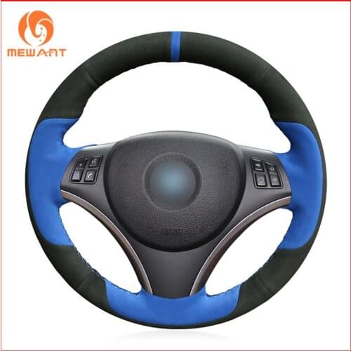 MEWANT Hand-stitched Blue Black Suede Car Steering Wheel Cover for BMW E90 320i 325i 330i 335i E87 120i 130i 120d Accessories