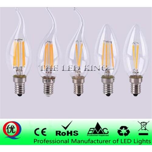 LED Candle Bulb E14 2W 4W 6W AC 220V 110V Retro antique Glass Edison Lamp Vintage C35 Filament Light 360 Degree