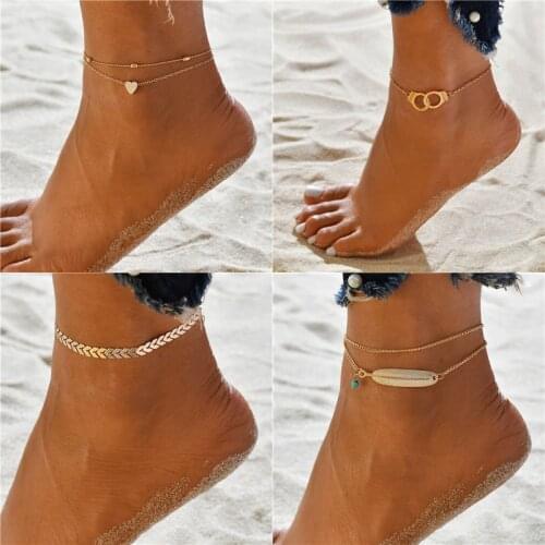 Modyle 2020 Women Anklets Simple Heart Barefoot Crochet Sandals Foot Jewelry Two Layer Foot Legs Bracelet Anklets