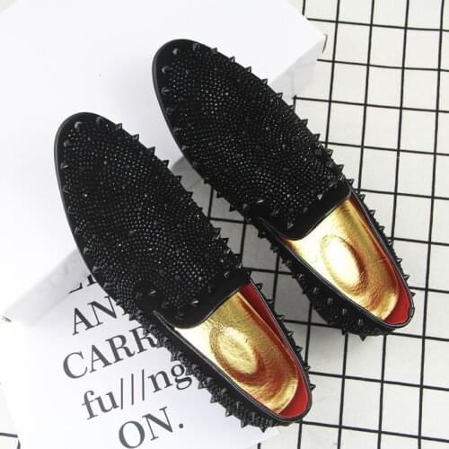 Black Rhinestone Men Slip On Leather Dress Shoes Luxury Moccasins Flat Mens Loafers Office Wedding Business Smoking Shoes