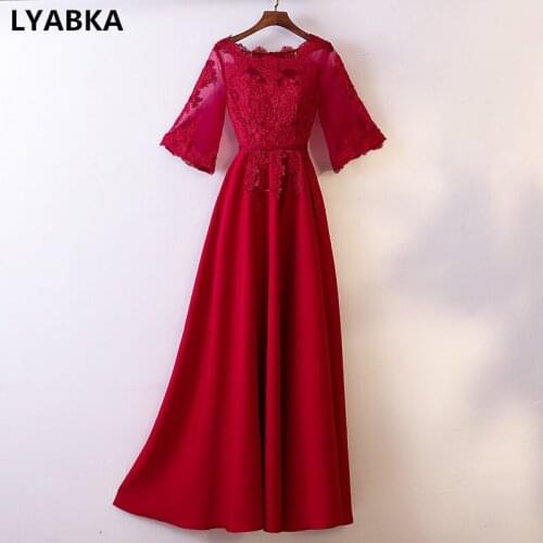 Burgundy Evening Dress Elegant Robe De Soiree Sexy Scoop Neck Satin Appliques Evening Dresses Long Dress 2019 Vestido De Festa