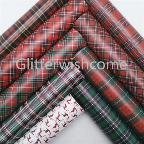 Glitterwishcome 21X29CM A4 Size Vinyl For Bows Tartan Printed Faux Fabric, Plaids Printed Faux Leather Sheets for Bows, GM553B