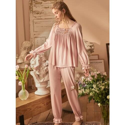 Vintage Cotton Womens Pajamas Sets Spring Autumn Long Sleeve Sleepwear Lovely Girls Night Suits Comfortable Home Wear