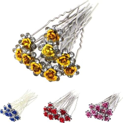 Hot 10 Pcs Hairpin Women Fashoin Rhinestone Rose Flower Pin Clip Wedding Party Hair Accessory Elegant Gift Jewelry Wholesale