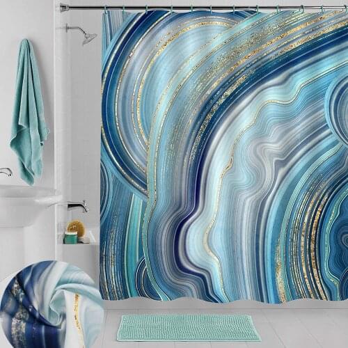 Luxury Blue Marble Shower Curtain Gold Strip with Roller Hooks Modern Ocean Print Decorative Elegant Bathroom Curtains 180x180cm