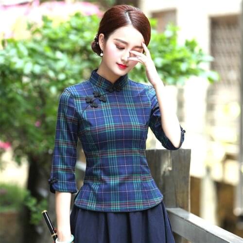 Women Chinese Plaid Shirt Ancient Style Tops Chinois Clothing Cheongsam Costume Blouse China Wind Suit Hanfu XXXL
