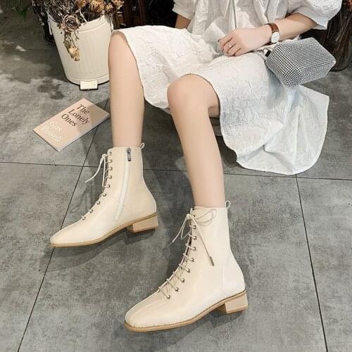 2020 spring and autumn square top lace-up single boots retro Martin boots for women casual thick heel boots X513