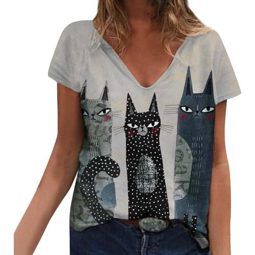 Womens Tops And Blouses Women V-neck Cat Print Blouse Tops Tunic Pullover Loose Short Sleeve Blouse Blusas Mujer De Moda 2021