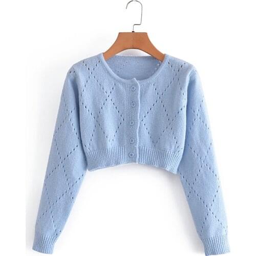 MESTTRAF Women 2021 Fashion Rhombus Hollow Design Cardigan Sweater Retro Long Sleeve Round Neck Single Breasted Sweater