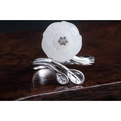VLA 925 Sterling Silver National Style Retro Nephrite Flower Ring Womens Creative Leaf Hand Jewelry Wholesale