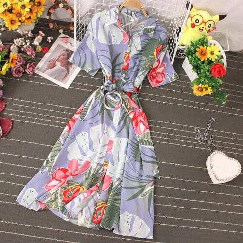 FMFSSOM Summer Beach Style Floral A-line Midi Dress Women Fashion Short Sleeve Turn-down Collar Sashes Slim Vacation Clothing