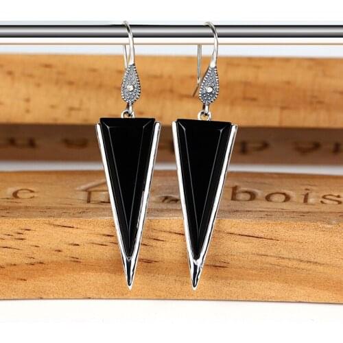 ZHJIASHUN Chalcedony Agate 100% 925 Sterling Silver Earring For Women Vintage Natural Black Gemstones Earrings Jewelry