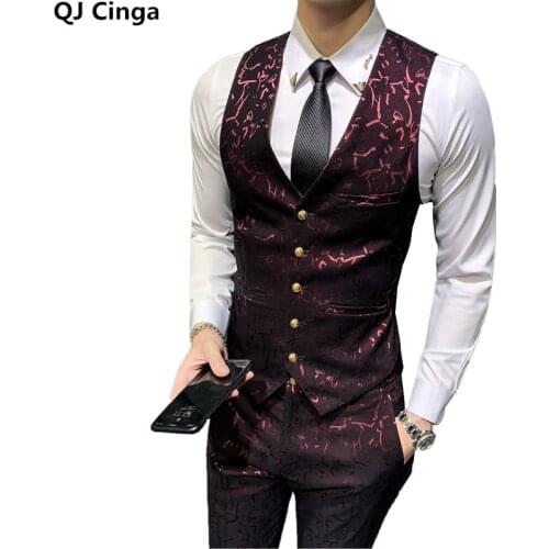 Golden Button Stripes Suit Vest and Pants 2 Piece Set Men Blue Green Red Pants Vests Wedding Party Dress Trousers & Waistcoat