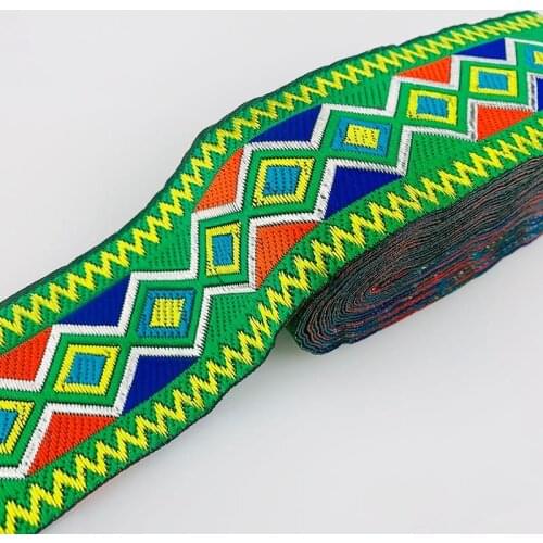 7 Yards 5CM Woven Jacquard Ribbon Green Gold Embroidery Webbing Vintage Ethnic Lace Geometric Pattern For Curtain Clothing 7