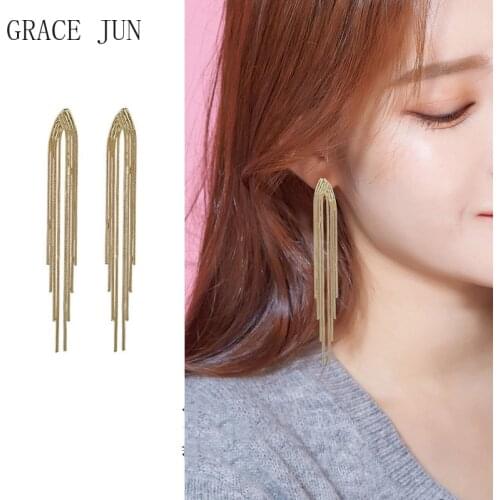 GRACE JUN New Vintage Long Metal Chain Tassel Clip on Earrings Geometric Without Piercing Ear Clips for Women Party Jewelry Gift