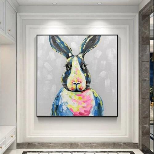 Pure Handmade Canvas Cute Cartoon Rabbit Animals Oil Paintings Artwork Wall Art For Children Bedroom kids Room Wall Decoration