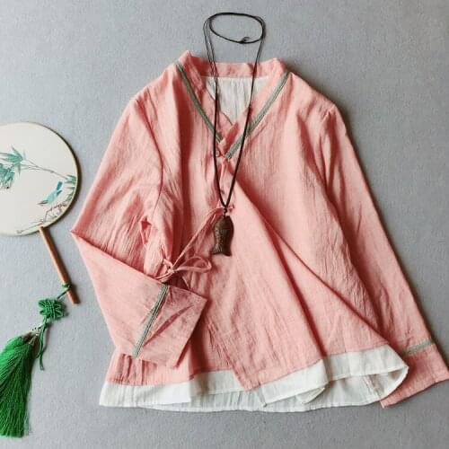 Chinese Literary Women Shirt National 2021 Spring Autumn V-neck Women T-Shirt Cotton Linen Loose Long sleeve Casual Blouse