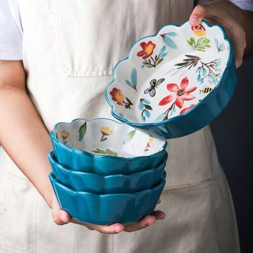 Spring Rhyme Cute Green Plants Ceramic Bowl Tableware Fruit Salad Dessert Lace Bowls Kitchen Supplies Household Products