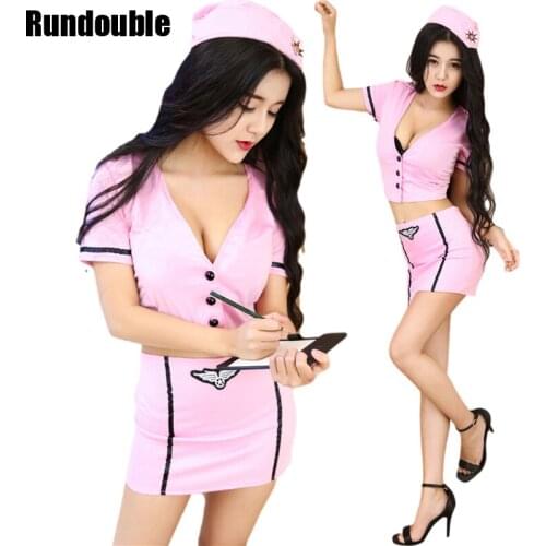 Sexy Pink Woman Airline Stewardess Costume Valentine Gifts Officer Ladies Roleplay Fancy Dress Adult Flight Attendant Uniform