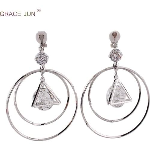 Top Quality CZ Crystal Large Double Circle Geometric Shape Clip on Earring Non Piercing for Women Statement Pierced Earrings New