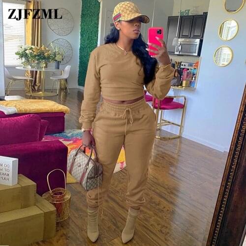 Active Wear Casual Two Piece Tracksuit Women Autumn Long Sleeve Crop Top and High Waist Drawstring Jogger Sweatpant Co Ord Set